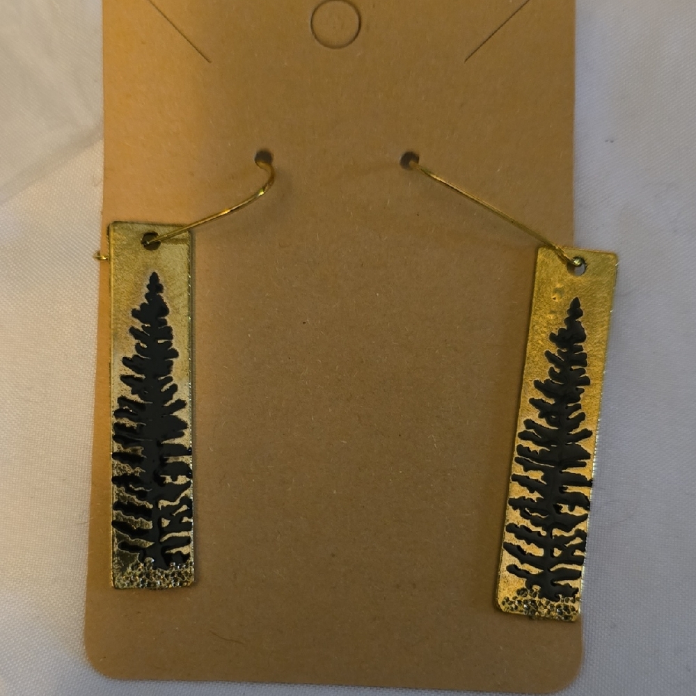 Gold Hoop Earrings with Black Tree Design